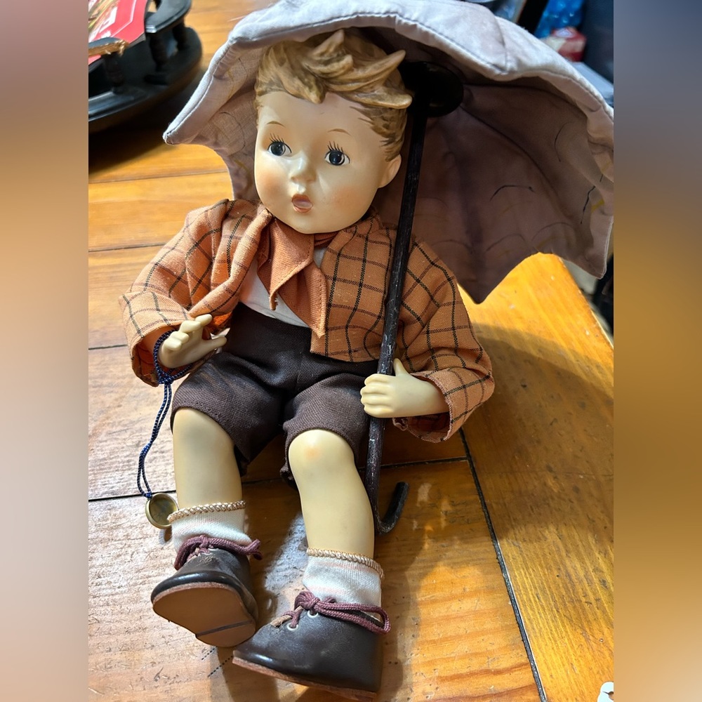 Goebel Hummel Porcelain and Cloth Doll Boy Sitting Under Umbrella